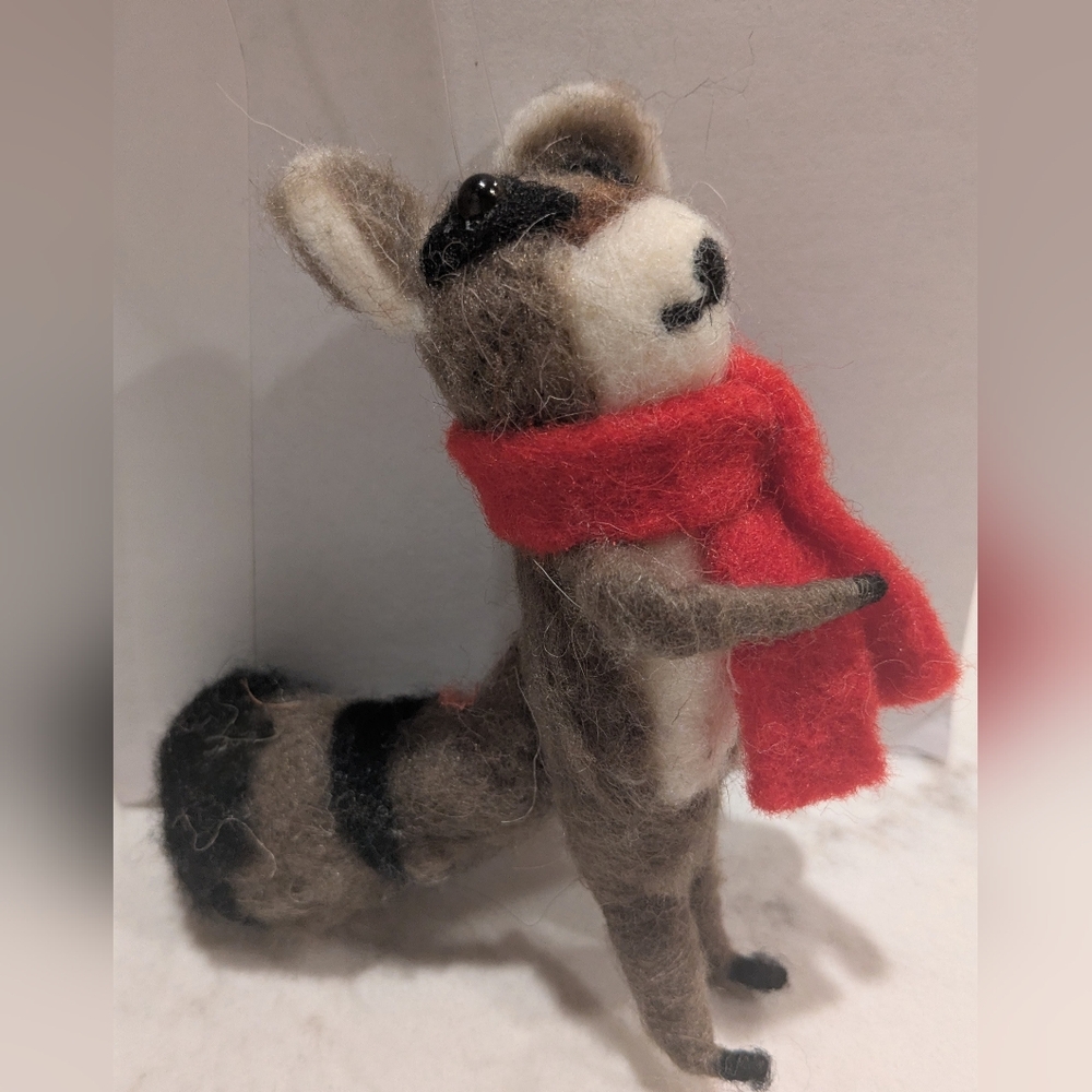 Felted Wool Raccoon Ornament with Red Scarf